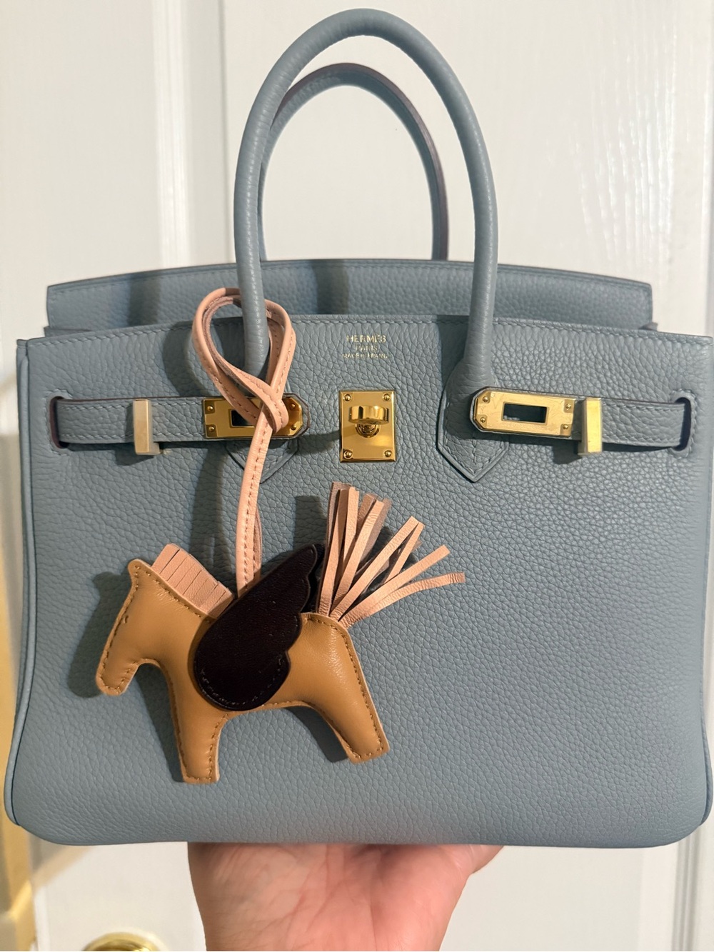 Blue Gray Togo Tote with Tan Horse Charm